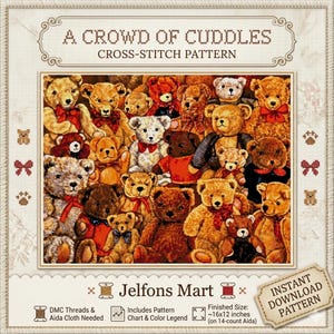 Peut inclure: Un modèle de point de croix intitulé "A Crowd of Cuddles" représentant de nombreux ours en peluche de différentes tailles et couleurs. Le modèle comprend des fils DMC, de la toile Aida, un diagramme et une légende des couleurs. Taille finie : environ 40x30cm.
