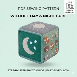 Sewing Pattern PDF Baby Sensory Cube Soft Toy Block Forest Animals Sun Moon Wildlife Design Digital Download DIY Plush Dice Pattern