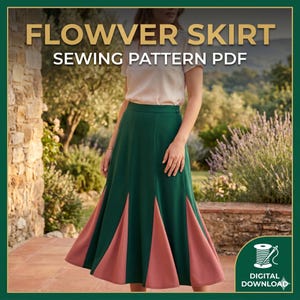 Könnte beinhalten: Ein grüner und rosa Rock mit dem Text "FLOWWER SKIRT SEWING PATTERN PDF". Der Rock hat einen dunkelgrünen oberen Teil und einen ausgestellten unteren Teil mit rosa Einsätzen. Das Bild ist im Freien mit einer Steinmauer und Grün in der Hintergrund.