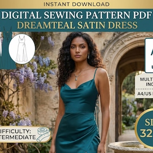 Può includere: Modello di cucito digitale per un abito in raso Dreamteal. L'immagine mostra una donna che indossa un abito in raso verde acqua con spalline sottili e scollatura a cascata. Il modello include le taglie 32-50 ed è di difficoltà intermedia.