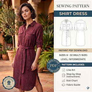 Puede incluir: Una mujer con un vestido camisero burdeos con cinturón a juego. El vestido tiene botones delanteros, bolsillos y una abertura lateral. La imagen también incluye un patrón de costura para un vestido camisero, tallas 6-22, y el texto "Instant PDF Download".