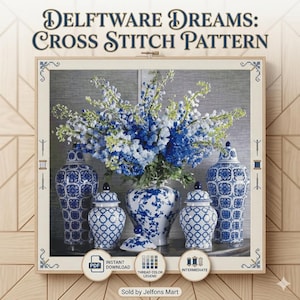 Peut inclure: Motif de point de croix "Delftware Dreams" avec une image encadrée de vases en céramique bleus et blancs et d'une composition florale. Le motif comprend un téléchargement PDF instantané et une légende de couleur de fil intermédiaire.