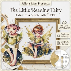 Könnte beinhalten: Ein Kreuzstichmuster-PDF mit dem Titel "The Little Reading Fairy". Das Bild zeigt eine Aquarellillustration einer Fee, die ein Buch liest, mit Gold- und Grüntönen. Enthält einen DMC-Schlüssel und ist anfängerfreundlich.