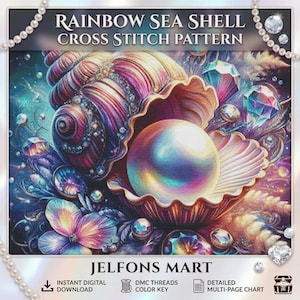 Può includere: Un modello a punto croce raffigurante una conchiglia dai colori dell'arcobaleno con una grande perla all'interno. Il design include gemme scintillanti e il testo "RAINBOW SEA SHELL CROSS STITCH PATTERN". In basso, l'immagine mostra "JELFONS MART".