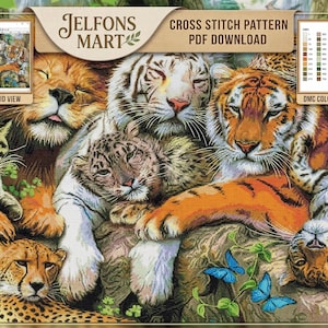 May include: A cross stitch pattern PDF download depicting a detailed illustration of big cats, including lions, tigers, and cheetahs. The image has a vibrant colour palette and includes a pattern grid view and DMC colour reference.