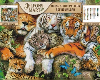 Schema punto croce grandi felini in PDF, schema ricamo animali della giungla leone tigre leopardo, grande disegno ricamo a punto croce natura