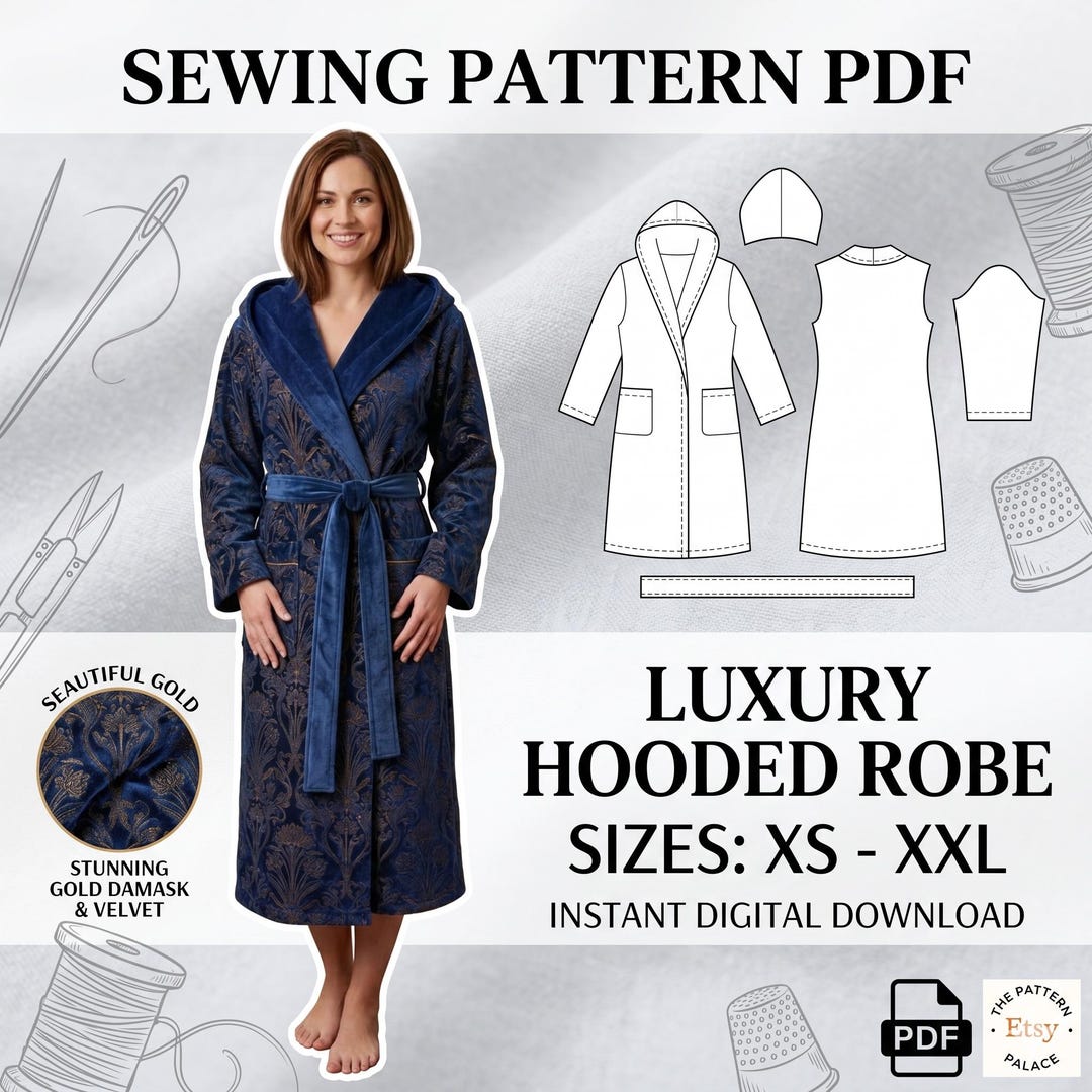 Luxury Hooded Robe Sewing Pattern PDF - Women's Velvet Dressing Gown ...