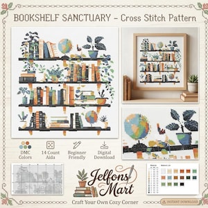 May include: Cross stitch pattern titled "Bookshelf Sanctuary." The design features a detailed bookshelf with books, plants, and globes. The pattern includes DMC colors, is beginner-friendly, and available as a digital download. The text "Jelfons Mart" is also visible.