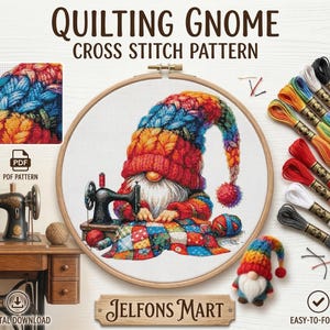 Gnome Sewing Counted Cross Stitch PDF Pattern, Colorful Quilting Gnome Needlepoint Chart,Modern Embroidery Design,DIY Sewing Room Wall Decor