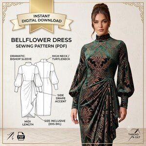 Patrón de costura en PDF del vestido Bellflower - Elegante vestido midi de cuello alto con mangas abullonadas espectaculares - Vestido de cóctel moderno de terciopelo DIY instantáneo