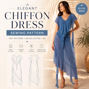 layered chiffon dress pattern Tiered Flounce Maxi Dress Sewing Pattern With Cape (PDF Digital Download)