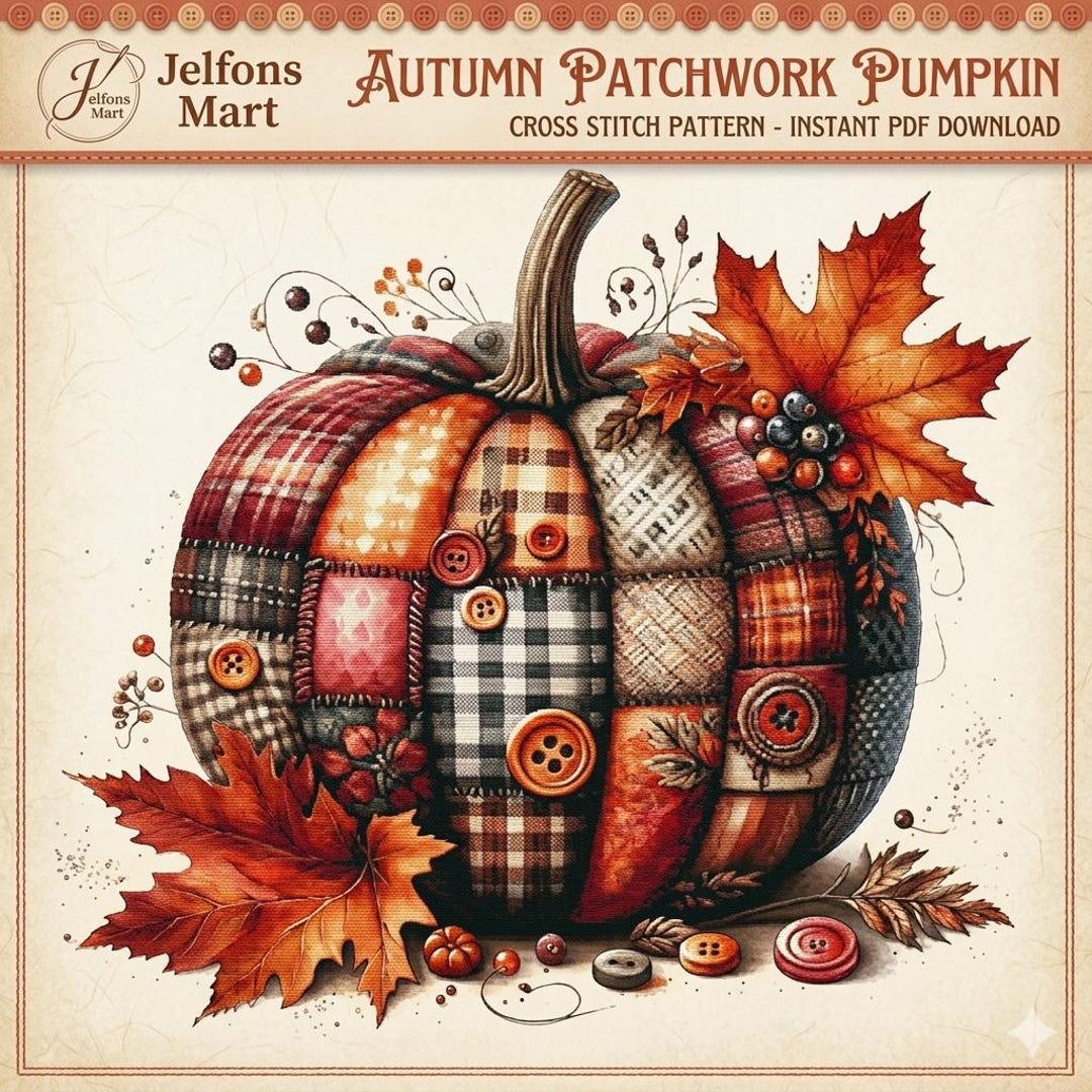 Patchwork Pumpkin Cross Stitch Pattern, Autumn Fall Decor Embroidery ...