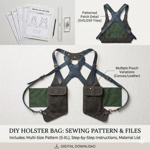 Puede incluir: Un patrón de costura y archivos para una bolsa tipo funda de bricolaje. La imagen muestra una bolsa tipo funda terminada con múltiples variaciones de bolsillo en lona y cuero. Incluye un patrón de tallas múltiples, instrucciones paso a paso y una lista de materiales. La descarga es digital.
