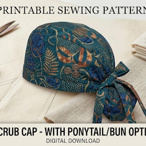Scrub Cap Sewing Pattern with Ponytail Bun Option, PDF Digital Download, Reusable Surgical Hat Pattern for Women, DIY Nurse Cap Batik Design