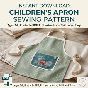 Könnte beinhalten: Eine hellgrüne Kinderschürze mit weißen Punkten und einer blauen Tasche mit einem gestickten Design einer Windmühle, Gemüse und einem Herzen. Die Schürze hat weiße Träger und den Text "CHILDREN'S APRON SEWING PATTERN". Alter 3-8, druckbares PDF, vollständige Anweisungen, Schwierigkeitsgrad: Einfach.
