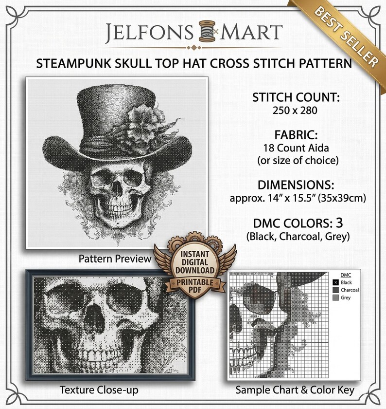 Steampunk Skull Cross Stitch Pattern Halloween Gothic Top Hat ...