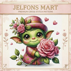 May include: A cross-stitch pattern featuring a green cartoon character with large eyes, wearing a pink hat and holding a bouquet of pink roses. The text "JELFONS MART PREMIUM CROSS STITCH PATTERN" is at the top.