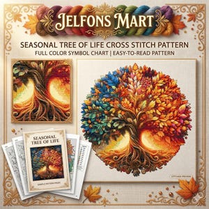 May include: A cross-stitch pattern featuring a colorful tree of life design. The image includes a stitched preview, sample pattern pages, and the text "Jelfons Mart" and "Seasonal Tree of Life Cross Stitch Pattern". The tree's leaves are in shades of blue, green, orange, and red.