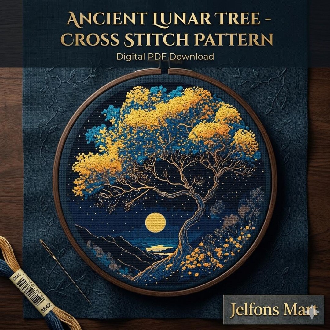 Ancient Lunar Tree Cross Stitch Pattern - Mystical Moon and Starry ...