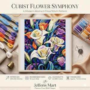 May include: A framed cross-stitch pattern titled "Cubist Flower Symphony" featuring a modern abstract floral design. The artwork showcases white calla lilies and roses in a vibrant color palette. The finished area is approximately 11x16.5 inches. Embroidery floss and supplies are arranged around the frame.