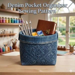 May include: Denim pocket organizer sewing pattern. A blue denim organizer with an embossed floral design. The organizer holds art supplies, including paint palettes, silver palette knives, and a brown leather journal.