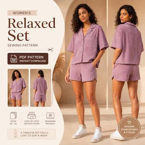 May include: A woman wearing a mauve relaxed set, consisting of a short-sleeved button-up shirt and shorts. The image includes text that reads "WOMEN'S Relaxed Set" and "SEWING PATTERN". The set is described as beginner-friendly and available in sizes XS-XL.