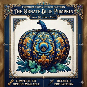 Ornate Blue Pumpkin Cross Stitch Pattern, Elegant Floral Autumn Embroidery PDF, Luxury Fall Needlepoint Chart, Botanical Needlecraft Design