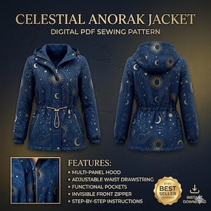 May include: A navy blue Celestial Anorak Jacket sewing pattern. The jacket features a celestial design with gold suns, moons, and stars. It has a multi-panel hood, adjustable waist drawstring, functional pockets, and an invisible front zipper. The pattern is a digital PDF.
