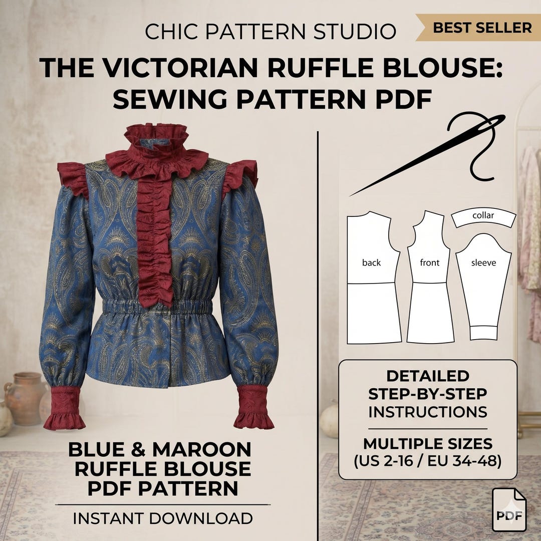 Victorian Ruffle Blouse Sewing Pattern PDF | High Neck Puff Sleeve Top ...
