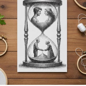 May include: Black and white cross-stitch art featuring an hourglass design. The top half shows a couple facing each other, while the bottom half depicts an older couple shaking hands. The text "JELFONS MART" is at the bottom.