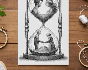 Motif de point de croix monochrome 1 couleur, grand motif de broderie sablier, l'amour à travers le temps, tableau PDF à couverture complète pour piqueuses avancées