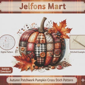 Peut inclure: Un motif de point de croix sur le thème de l'automne, représentant une citrouille patchwork. La citrouille est ornée de divers motifs de tissu et de boutons, entourée de feuilles d'automne et de baies. Comprend un motif numérique et un exemple brodé.