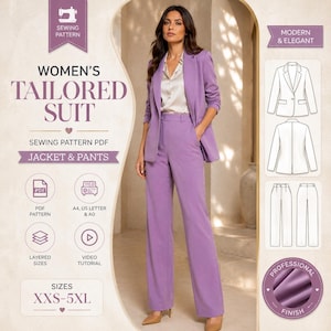 May include: A woman in a lavender tailored suit, consisting of a blazer and wide-leg pants. The image includes a sewing pattern graphic with text that reads "Women's Tailored Suit" and "Jacket & Pants". The pattern is available in sizes XXS-5XL.