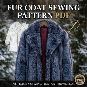 May include: A blue faux fur coat sewing pattern PDF. The coat is displayed on a hanger with a burgundy lining. The image includes a line drawing of the coat and the text "FUR COAT SEWING PATTERN PDF".