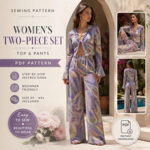 May include: A two-piece set sewing pattern with a top and pants. The pattern includes step-by-step instructions and is beginner-friendly. The set features a flowing, abstract print in shades of purple, yellow, and white. The text on the image says "Easy to sew, Beautiful to wear."