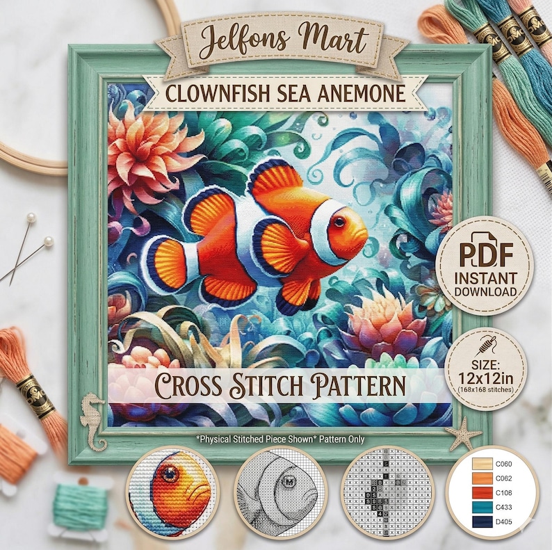 Clownfish Cross Stitch Pattern Pdf,tropical Sea Anemone Underwater ...