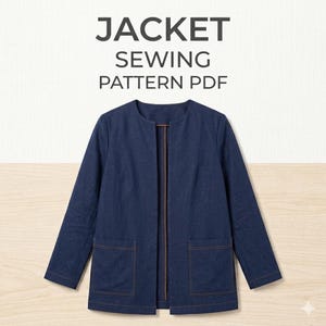 May include: A navy blue jacket sewing pattern PDF. The jacket has a collarless design with two front pockets and brown stitching. The text "JACKET SEWING PATTERN PDF" is at the top of the image.