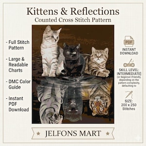 Może przedstawiać: Wzór haftu krzyżykowego o nazwie "Kittens & Reflections". Obraz przedstawia trzy kocięta z ich odbiciami, z pełnym wzorem ściegu, dużymi, czytelnymi wykresami i przewodnikiem po kolorach DMC. Wzór jest natychmiastowym plikiem PDF do pobrania, o rozmiarze 200 x 250 ściegów.