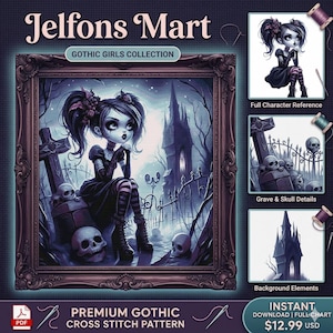 Gothic Cross Stitch Pattern PDF - Dark Aesthetic Emo Girl in Graveyard with Skulls and Haunted Castle-Spooky Halloween Needlepoint Chart DIY