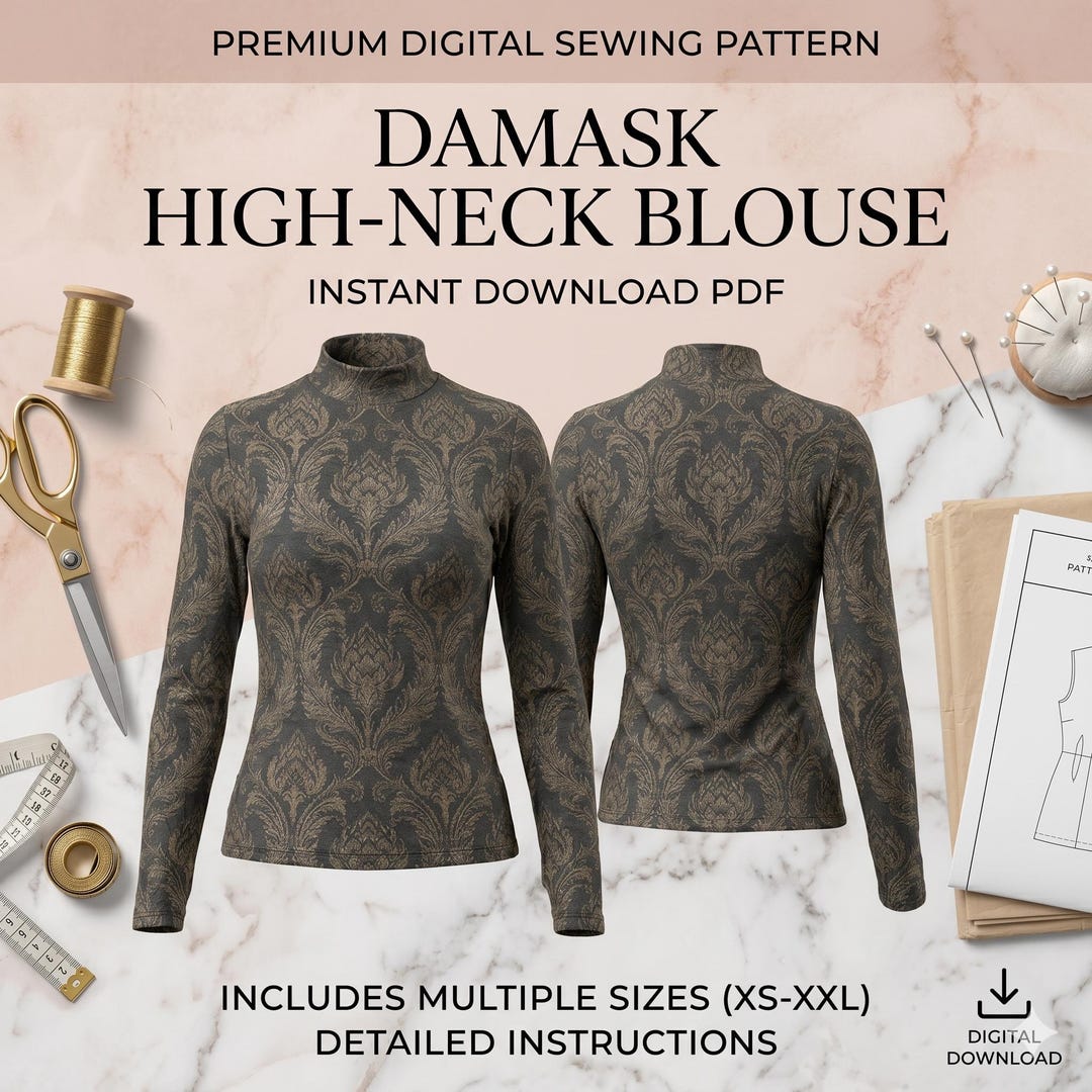 Damask High Neck Blouse Sewing Pattern PDF, Elegant Long Sleeve Mock ...