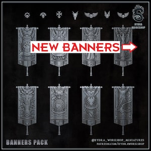 May include: A selection of miniature banners with intricate designs, set against a dark backdrop. The image displays the text "NEW BANNERS" and "BANNERS PACK". The banners are accompanied by small decorative toppers, all in a grey color.