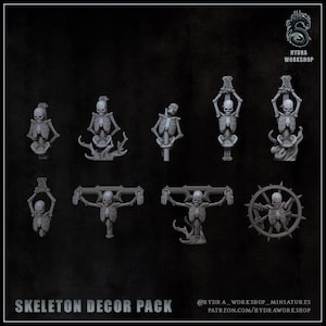 May include: A collection of gray skeleton decor pieces in various poses. The pack includes skeletons in seated, standing, and holding positions, with some mounted on decorative elements. The text "SKELETON DECOR PACK" is at the bottom.