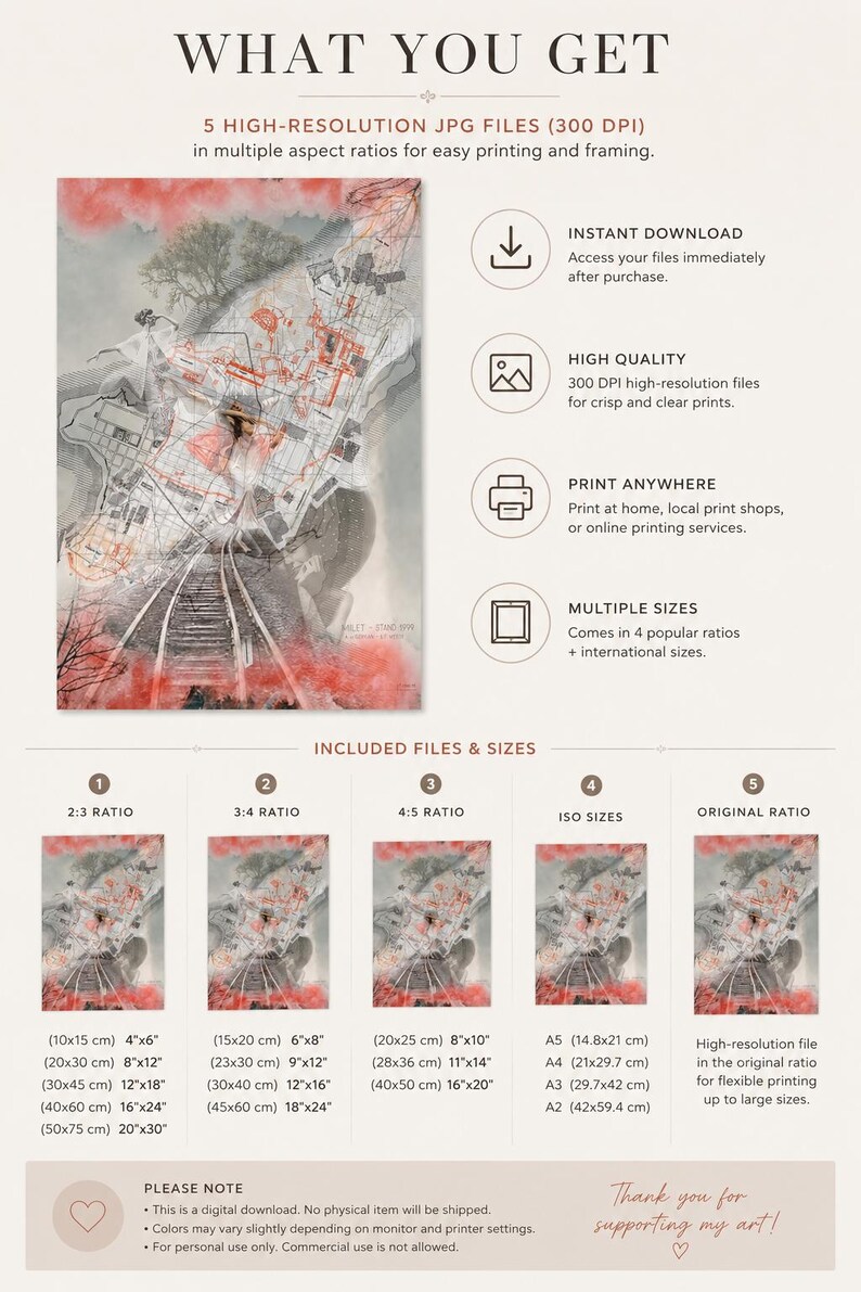 Surreal Vintage Map Collage Print, Ethereal Train Poster, Muted Red Art