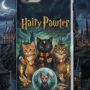 May include: A phone case featuring a whimsical design with the title "Hairy Pawter and the Order of the Phoenix." The artwork depicts three cats with wands, a crystal ball, and a castle backdrop. The author's name is J.K. Meowling.