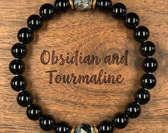 Natural Obsidian & Black Tourmaline Bracelet – Handmade Polished Black Stone Beads