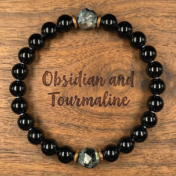 Natural Obsidian & Black Tourmaline Bracelet – Handmade Polished Black Stone Beads