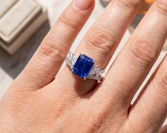Emerald Cut Crystal Cocktail Ring, Marquise Bridal Set, Art Deco Chevron (Adjustable)