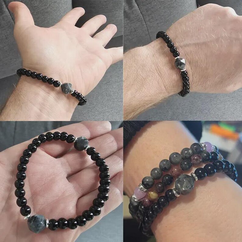 Pulsera de obsidiana natural y turmalina negra – Cuentas de piedra negra pulidas hechas a mano imagen 4