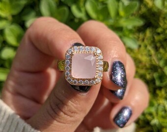 Pink Gemstone Adjustable Gold Ring, Square Crystal Halo Ring, Cubic Zirconia Statement Ring, Minimalist Gift for Her, Pink Jewelry