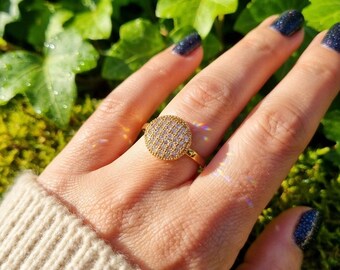 Adjustable Pave Crystal Statement Ring, Silver Gold Round Cocktail Jewelry